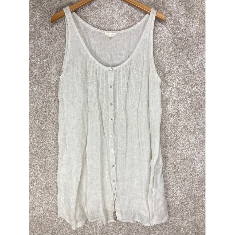 Eileen Fisher Linen Button Front Tunic Dress Womens XL Beige Sleeveless Coastal
